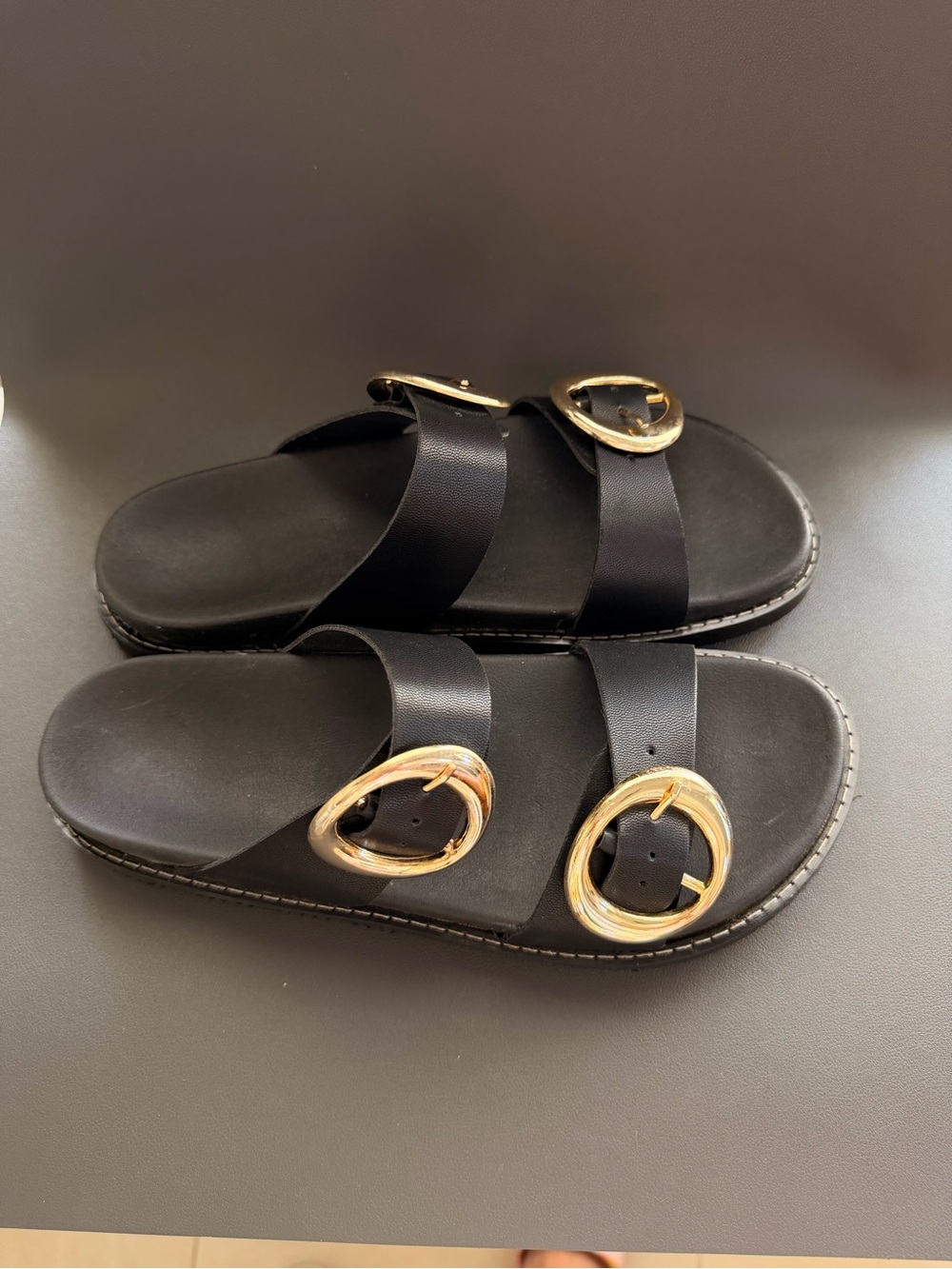Black Slide Sandals with Gold Buckles